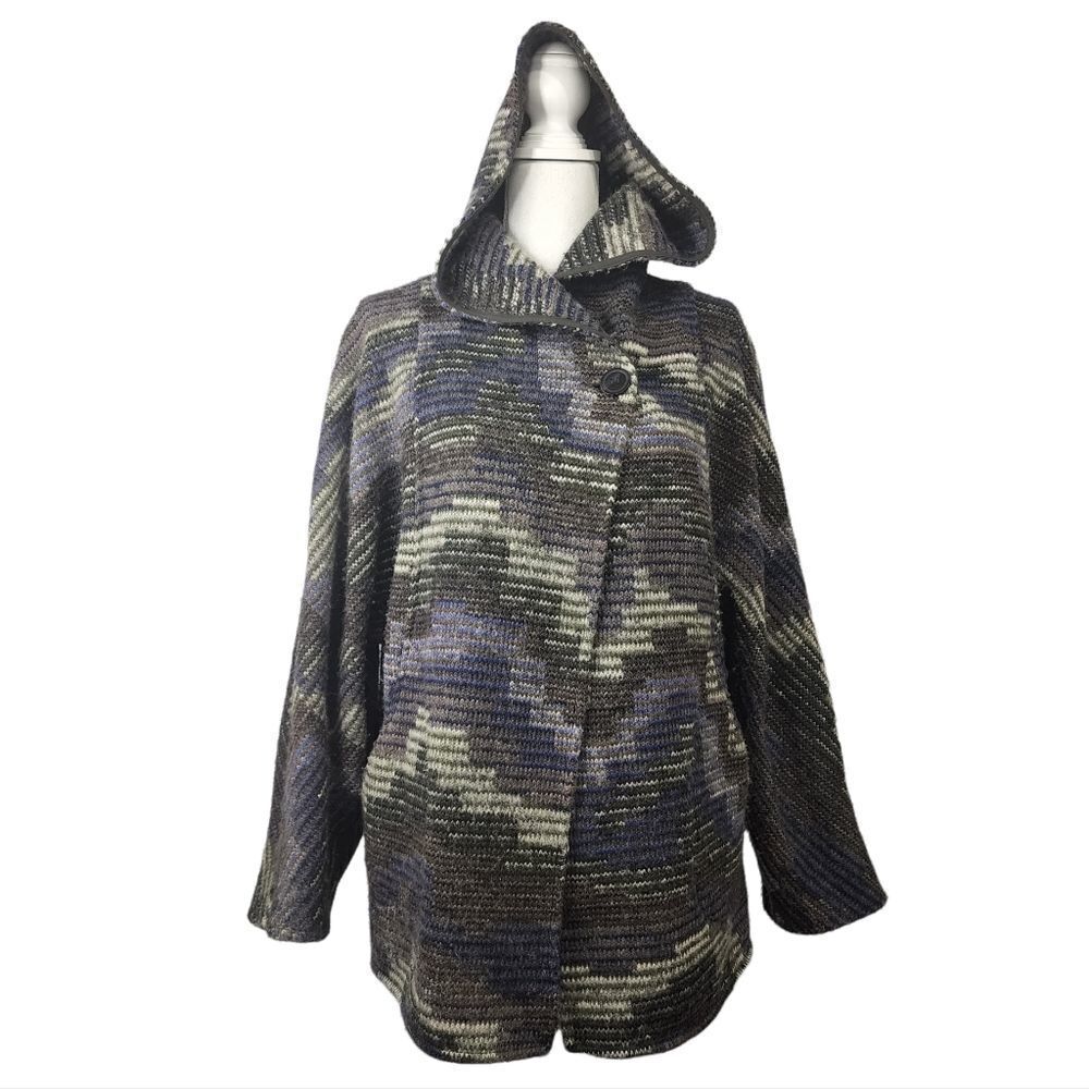 ZARA Wool Blend Hooded One Button Poncho Cardigan Jacket Space Dye S